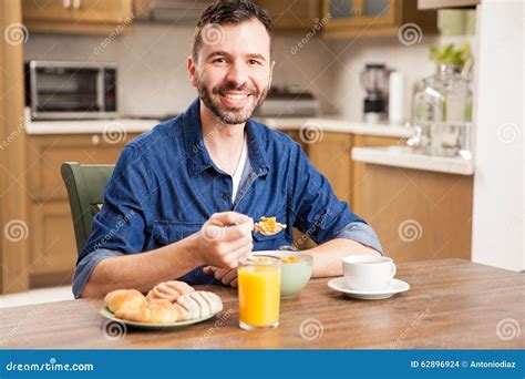 Handsome Man Having Breakfast Stock Photo Image 62896924
