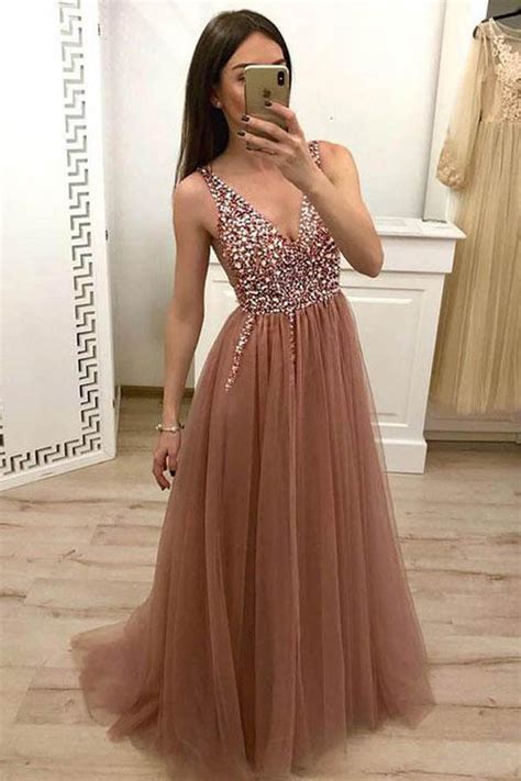 Tulle Beaded Dusty Rose Prom Dress With Lace Up Evening Dressmp444