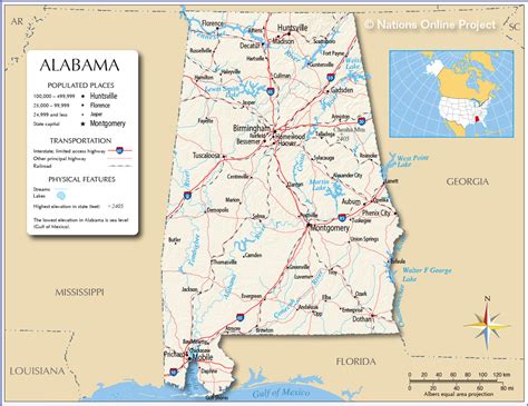 Each city map page features a locator map plus demographic information. Map of Alabama State, USA - Nations Online Project
