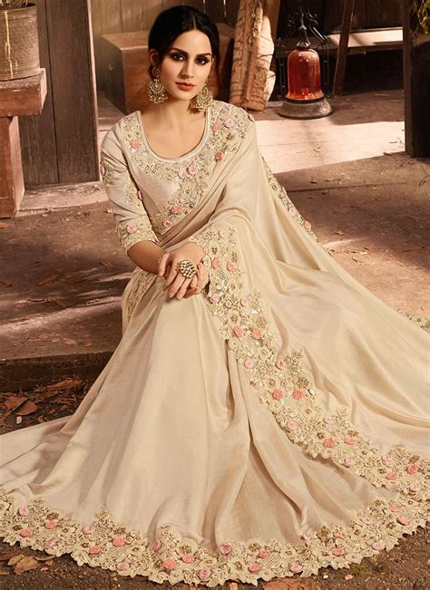 Cream Embroidered Wedding Saree Sarees Designer Collection