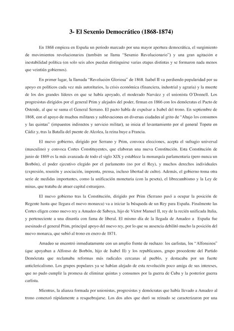 Resumen Tema 3 El sexenio democr Ãtico 1868 1874 3 El Sexenio