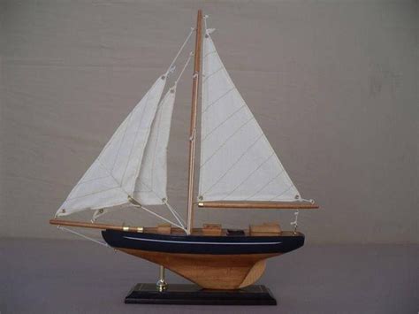 Wooden Model Sailboat With Fabric Sails On Stand Natural Wood And Navy