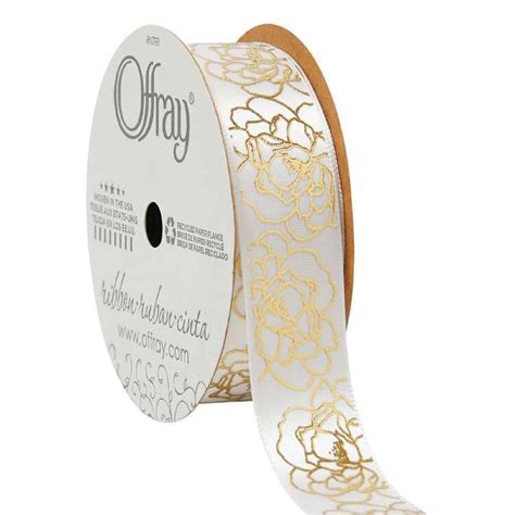 Offray Gold Floral Single Faced Satin Ribbon White And Gold