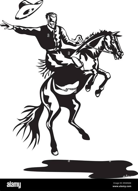 Ilustración De Rodeo Vaquero Montando Caballo Bronco En Aislar Los Tirones De Fondo Blanco