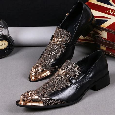 New Men Shoes Luxury Brand Loafers Gold Genuine Patent Leather Prom