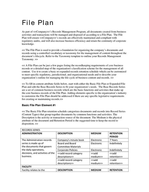 Records Management Expanded File Plan Template Records Management
