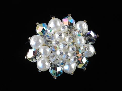 Vintage Rhinestone Crystal Glass Bead Baroque Faux Pearl Brooch Pin From Codysvintagejewelry On