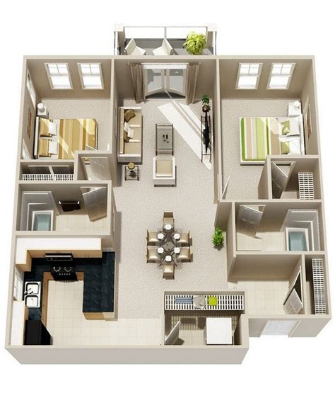 Spacious two bedroom apartment living. 20 Awesome 3D Apartment Plans With Two Bedrooms - Part 2