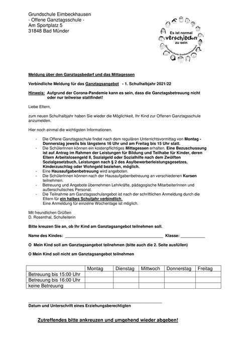Grundschule Eimbeckhausen Anmeldung Ganztagsschule