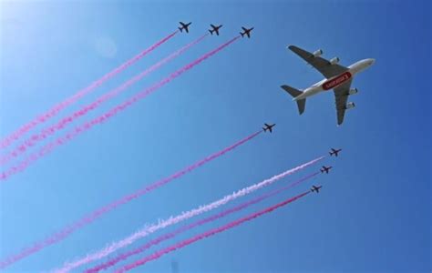 Emirates A380 Red Arrows Perform Spectacular Flypast In Dubai