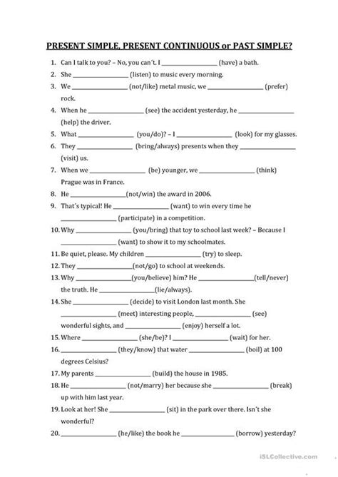 A Printable Worksheet For The Present Simple Present Continuous Past