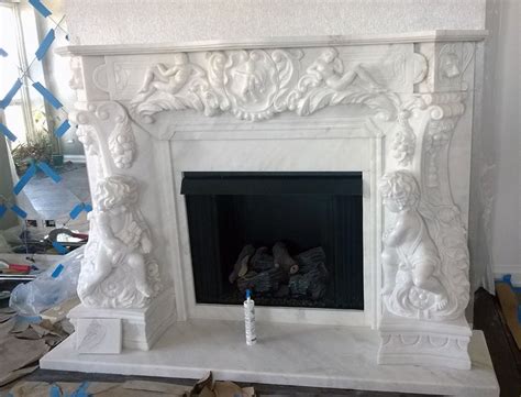 White Marble Angel Cherubim French Style Fireplace Surround Installed