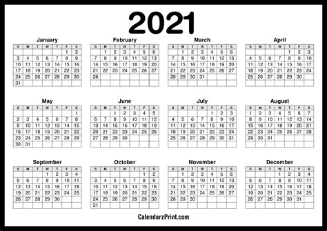 Please note that our 2021 calendar pages are for your personal use only, but you may always invite your friends to visit our website so they may browse our free printables! 2021 Calendar Printable Free, Horizontal, HD, Black ...