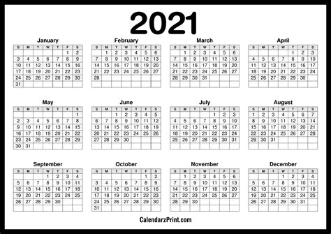Create a free printable calendar. 2021 Calendar Printable Free, Horizontal, HD, Black ...