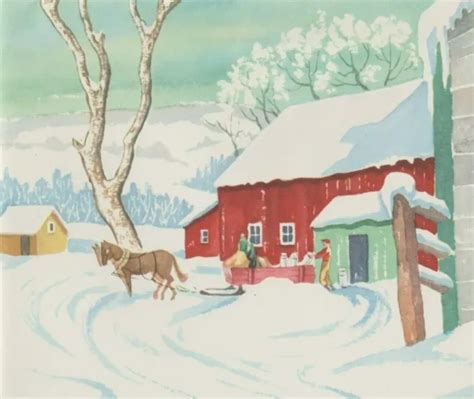 Vtg 1940s Snowy Red Barn Horse Sleigh Farm Scene Christmas Greeting