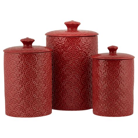 10 Strawberry Street Hampton Embossed 3 Piece Ceramic Canister Set Red
