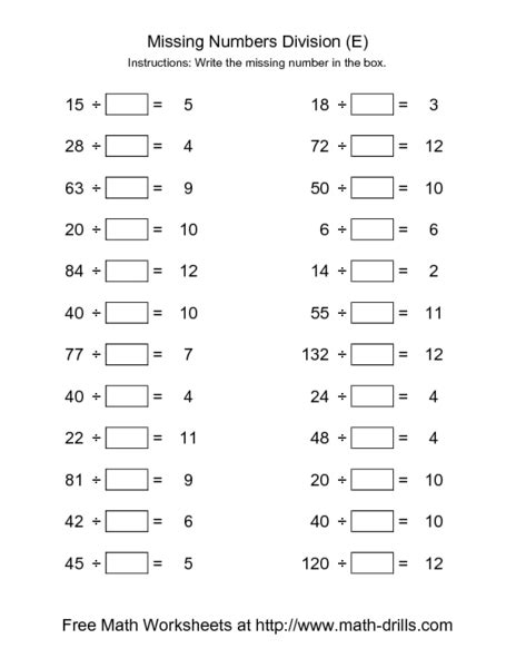 Division Challenge Worksheets With Missing Numbers