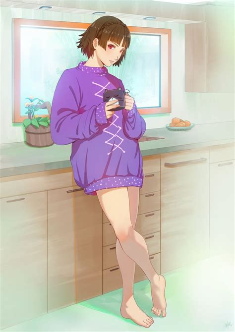 Safebooru Girl Bangs Brown Hair Cup Feet Highres Justin Leyva Steamy Tomato Looking At