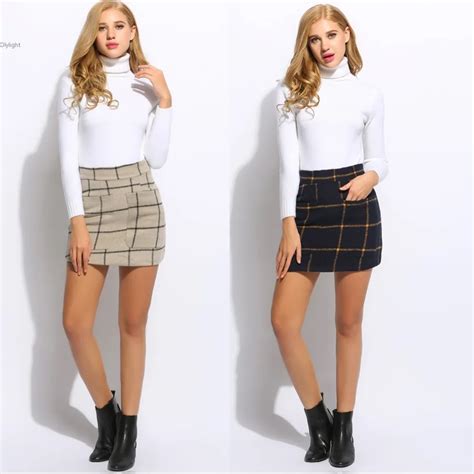 Women Fashion Sexy Mini Skirt Lady High Waisted Plaid Pocket Wool Blend