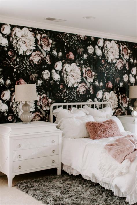 Master Bedroom With Black Floral Wallpaper Hgtv