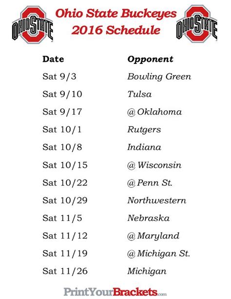 Printable Ohio State Buckeyes Football Schedule 2016 Ohio State