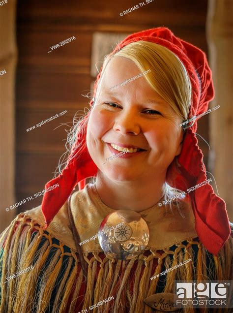 Woman In Traditional Sami Costume Lapland Finland Stock Photo