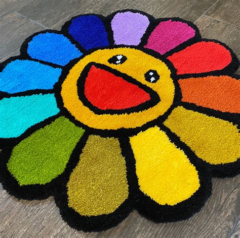 Takashi Murakami Inspired Smiley Flower Tufted Rug Etsy