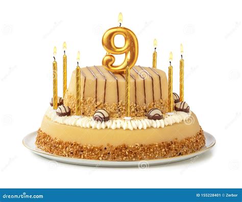 Festive Cake With Golden Candles Number 9 Stock Image Image Of