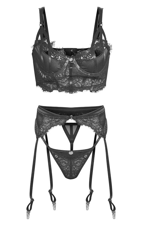 black lace trim strapping 3 piece lingerie set prettylittlething aus