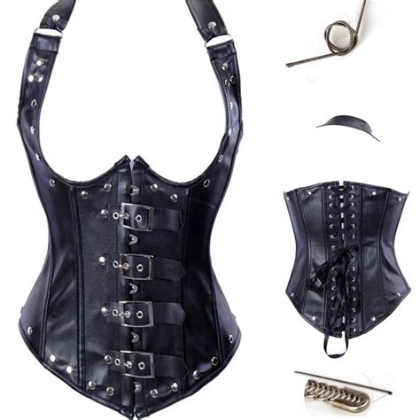 hot female erotic punk halter corsets faux leather neck cupless buckle boned underbust corset