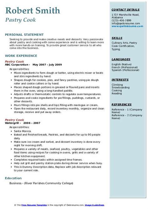 Pastry Cook Resume Samples Qwikresume