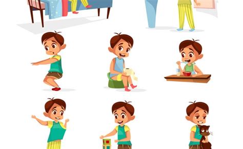 Cartoon Kid Daily Routine Activities Set Daily Routine Child Is Combing