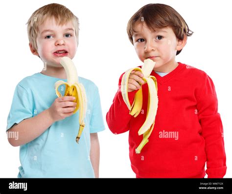 Children Kids Eating Banana Fruit Healthy Isolated On A White