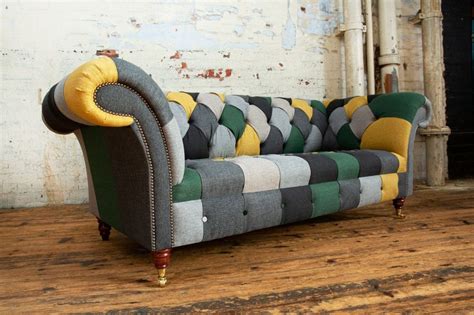 This classic design was tufted upholstered by velvet fabrics in variety of grey & other. York Patchwork Chesterfield Sofa | Oswald & Pablo