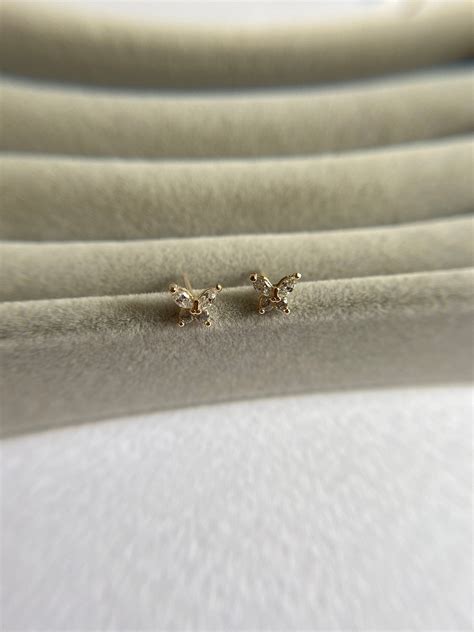 10K Solid Gold Tiny CZ Butterfly Stud Earrings 10K Solid Etsy