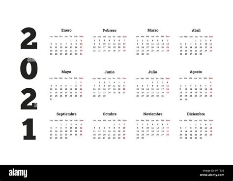 2021 Year Simple Calendar In Spanish Isolated On White Stock Vector