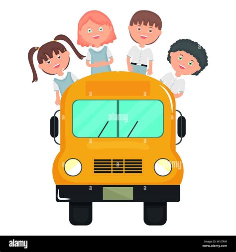 Cute Little Students Group With Bus Vector Illustration Design Stock