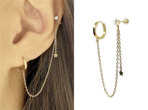 14k Soild Gold Earrings Double Piercing Earring Gold Chain Etsy