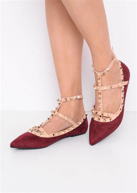 Studded T Bar Pointed Faux Suede Flats Burgundy Red