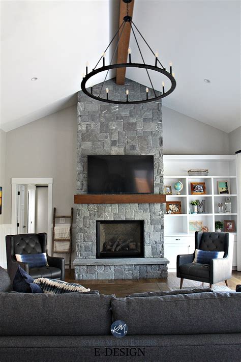 Living Room Gray Stone Fireplace Round Wheel Chandelier White Built