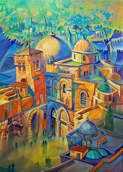 Original Oil Painting Church Of The Holy Sepulchre In Jerusalem By