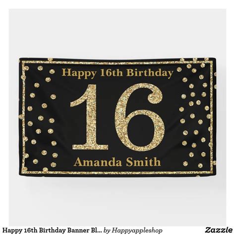 Happy 16th Birthday Banner Black And Gold Glitter 18th