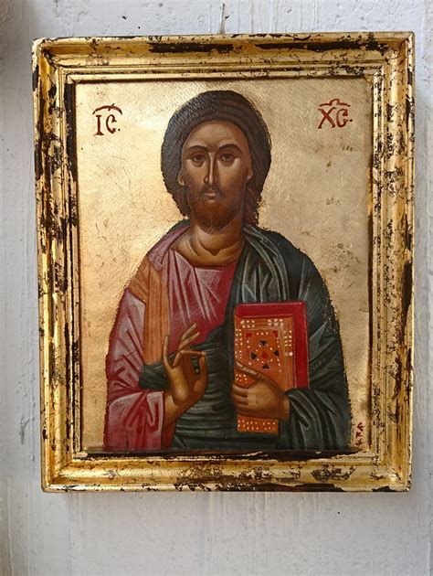Byzantine Icon Of Jesus Christ Framed Pantocrator Painting Eggtempera