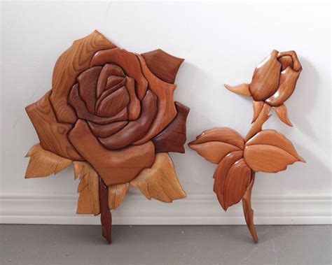 Vintage Wood Roses Intarsia Marquetry Wall Art
