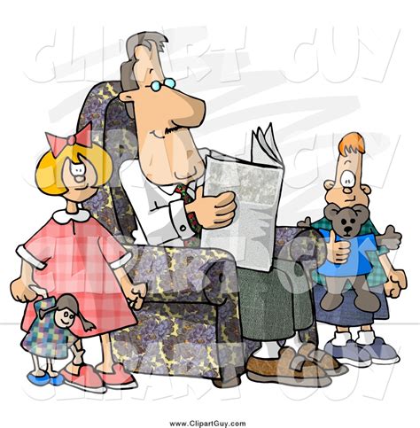 Clip Art Of A Divorced White Dad Reading Newspaper Beside His Kids By