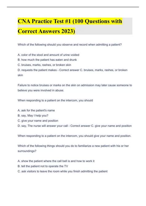 Cna Practice Test 1 100 Questions With Correct Answers 2023 Cna