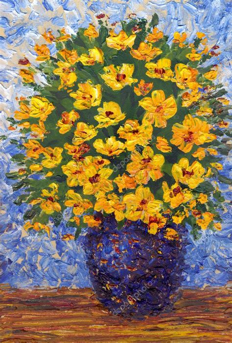 I am so happy that you stopped by. Oil painting. Lush bouquet of yellow flowers in blue vase ...