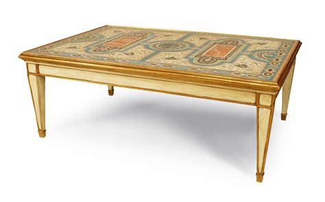 Mid century modern chrome base coffee table w/ geometric colored marble top. Italian venetian painted panel coffee table 1