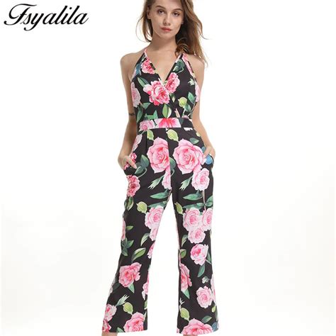 Floral Jumpsuit Summer Backless Romper Sexy V Neck Women Long Pants Sleeveless Overall Bohemian
