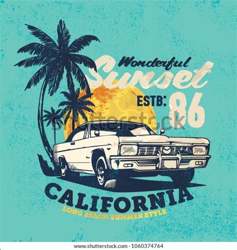 Vintage Car Sunset Beach Illustration Tee Stock Vector Royalty Free